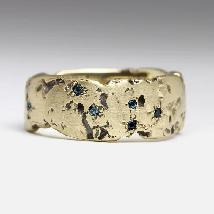 Timeless Golden Forged Blue Inlaid Crystal Ring
