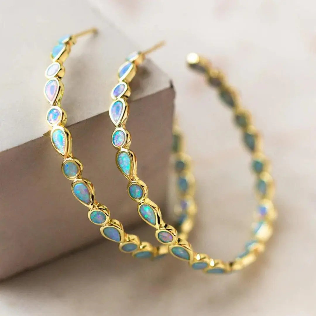 Trendy Blue Opal Gold Earrings