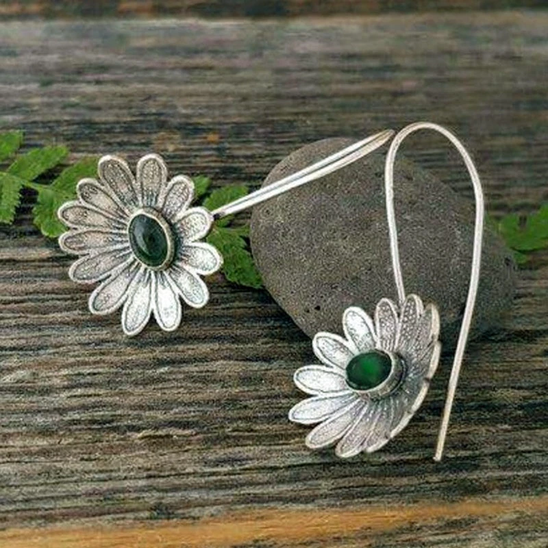 Classic Silver Flower with Green Stone Earrings