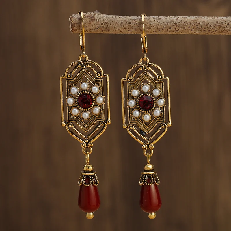 Timeless Red Crystal Pearl Gold Earrings