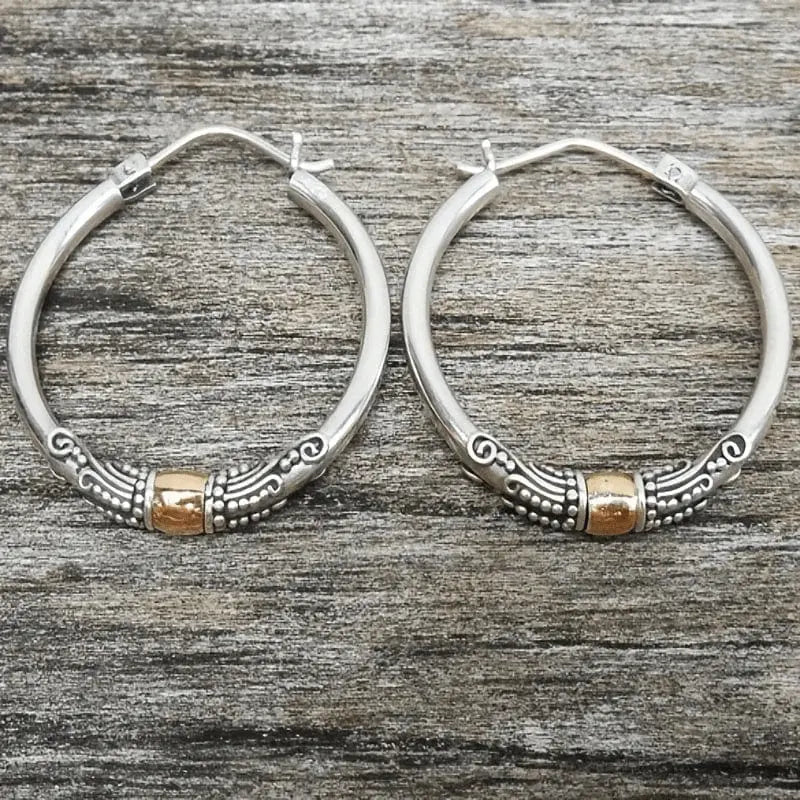 Classic Silver Carved Pattern Hoop Earrings