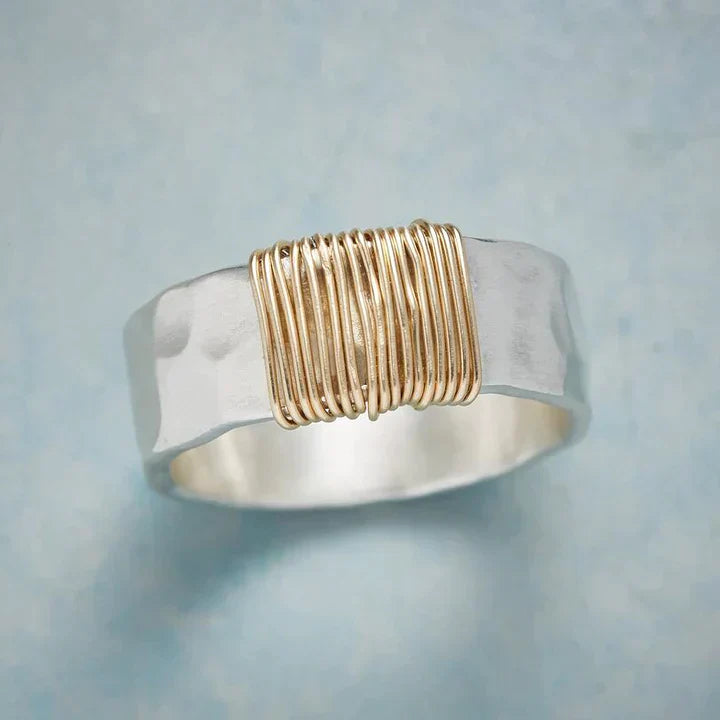 Stylish Golden Threads Silver Ring