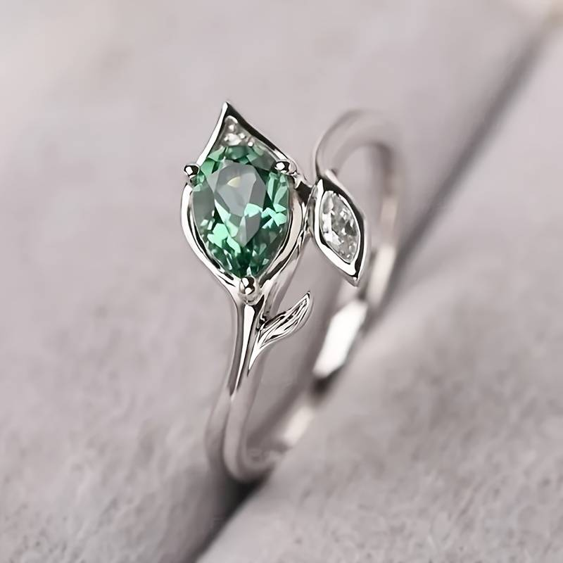 Elegant Green Crystal Leaf Ring