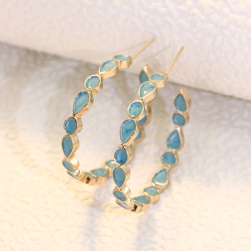 Stylish Blue Stones Hoop Earrings