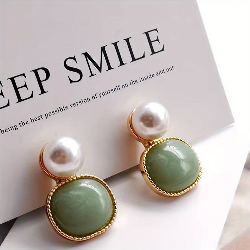 Trendy Inlaid Green Stone Pearl Earrings