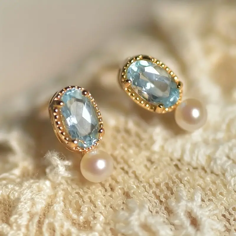 Elegant Blue Crystal Pearl Gold Earrings