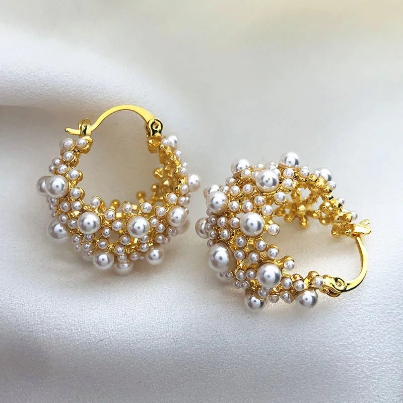 Stylish Gold Pearl Cluster Design Hoop Earrings