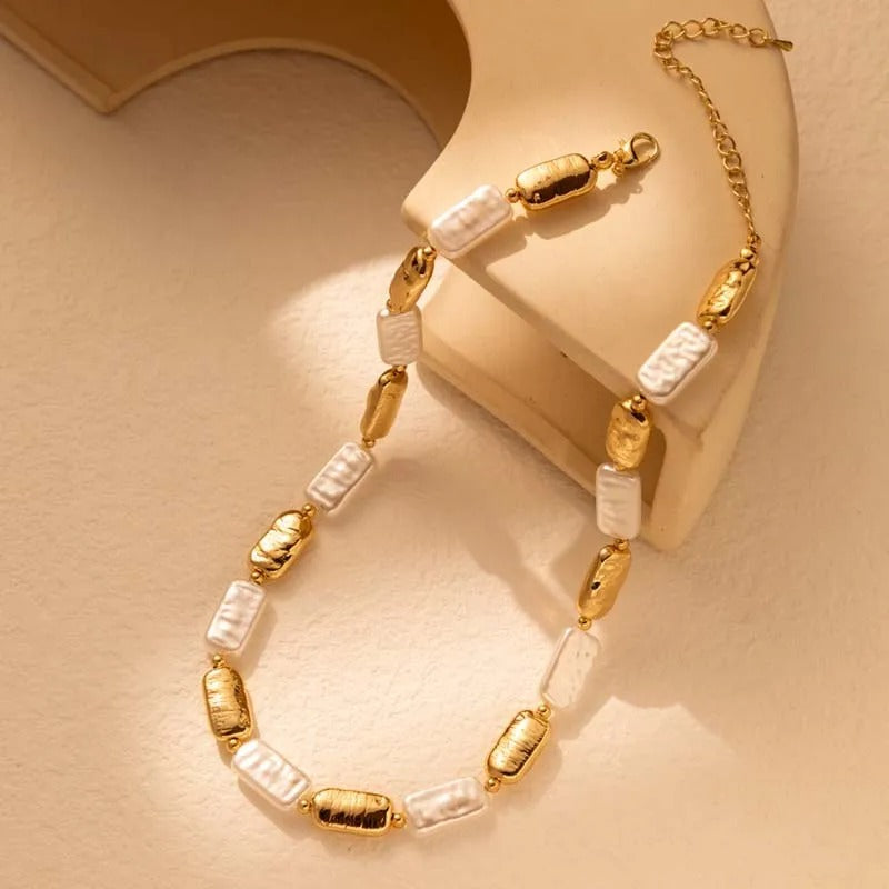 Modern Gold & White Rectangular Bead Pearl Necklace