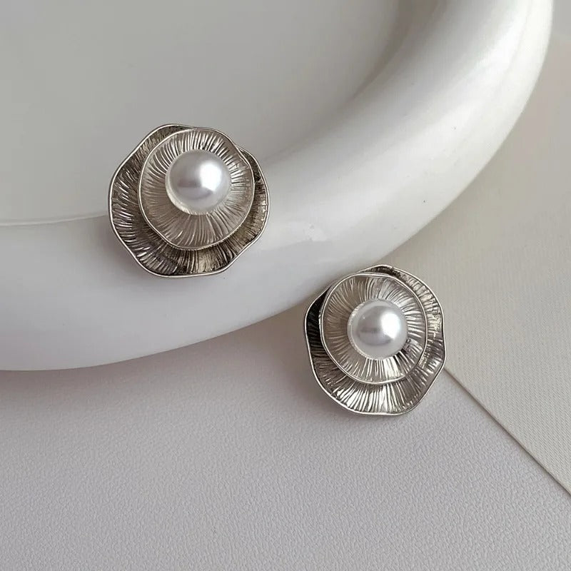Classic Silver Petal Pearl Stud Earrings