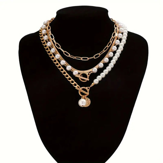 Classic Pearl & Gold Snake Chain Necklace Set