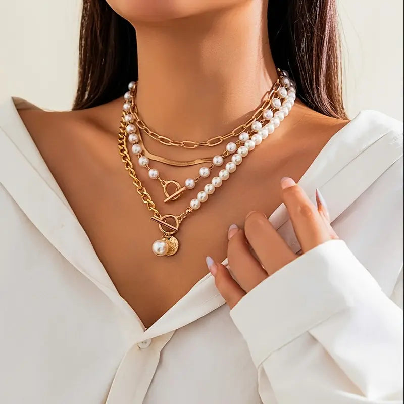 Classic Pearl & Gold Snake Chain Necklace Set