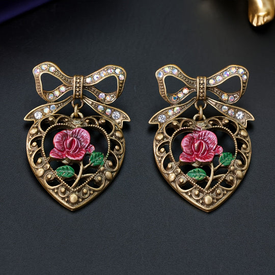 Classic Heart & Rose Bowknot Earrings