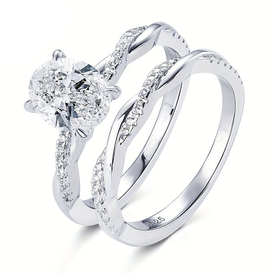 Oval Cut Moissanite Twisted Band Ring Set