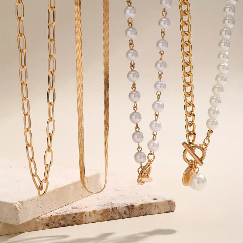 Classic Pearl & Gold Snake Chain Necklace Set