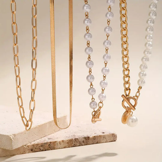 Classic Pearl & Gold Snake Chain Necklace Set