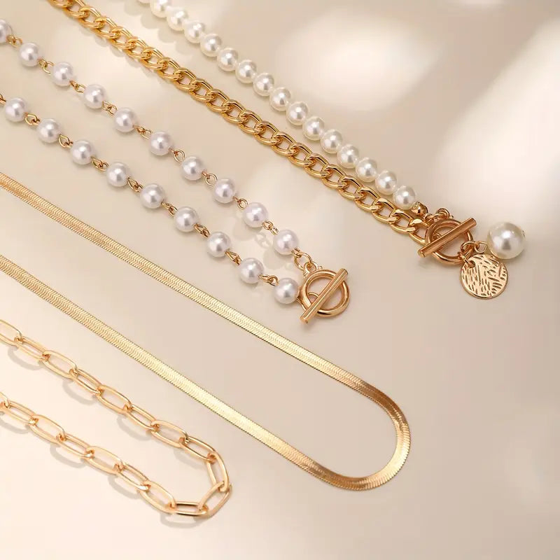 Classic Pearl & Gold Snake Chain Necklace Set