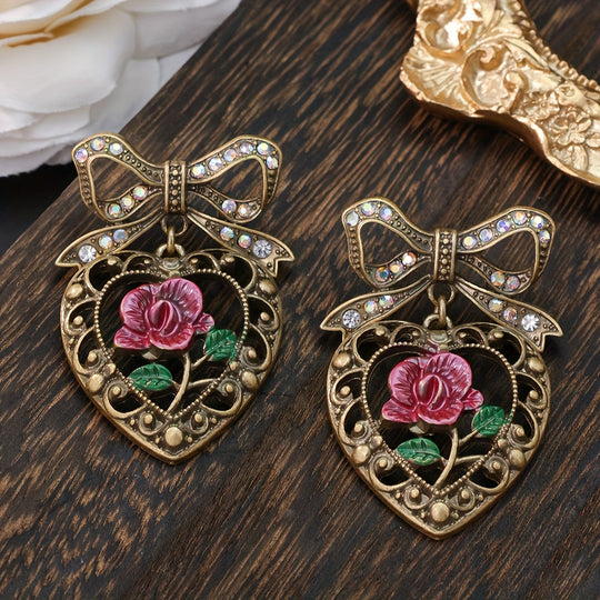 Classic Heart & Rose Bowknot Earrings