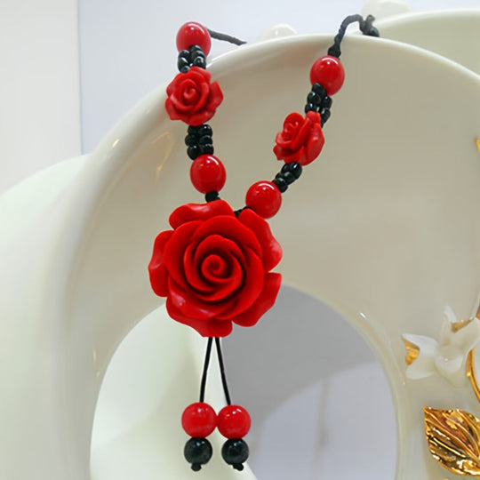 Classic Elegant Resin Rose Flower Pendant Necklace
