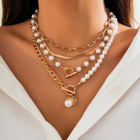 Classic Pearl & Gold Snake Chain Necklace Set