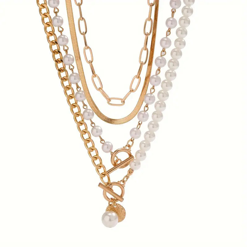 Classic Pearl & Gold Snake Chain Necklace Set