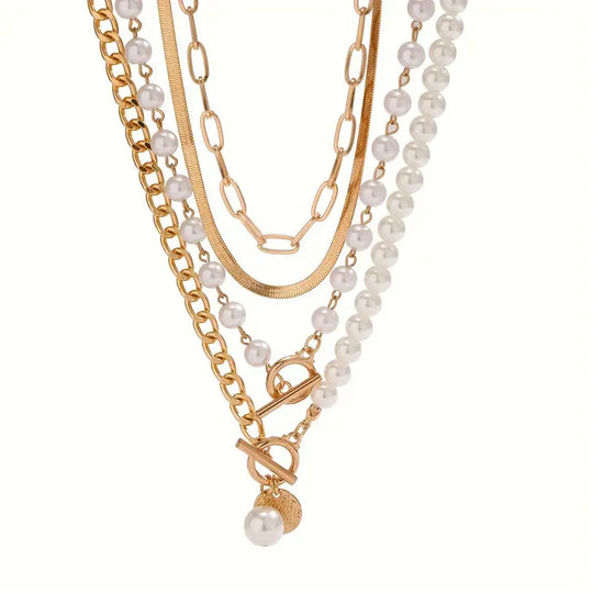 Classic Pearl & Gold Snake Chain Necklace Set