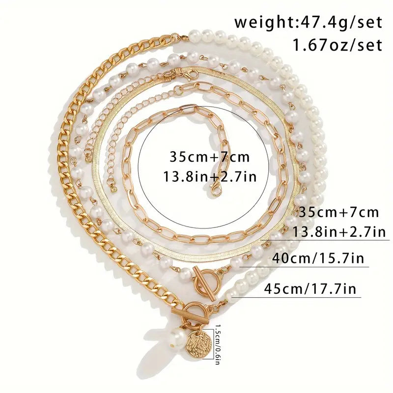 Classic Pearl & Gold Snake Chain Necklace Set