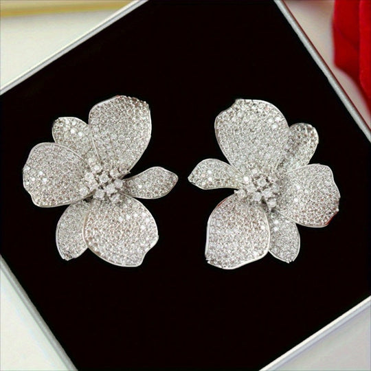 Elegant Big Floral Zirconia Stud Earrings